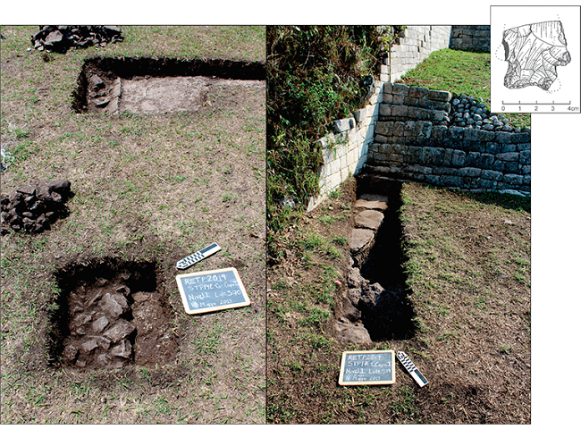 Left: Unit 2D and STP 14E-G, showing the plaster floor, sillares forming the extension of the Ballcourt 1 northern extension, and 8-15 cm gravel abutting and covering the edge of the sillares. Right: Laja stone pavement covering a small edge of Plaza F-East at the base of the Acropolis access staircase, and the Archaic period projectile point found in the fill.