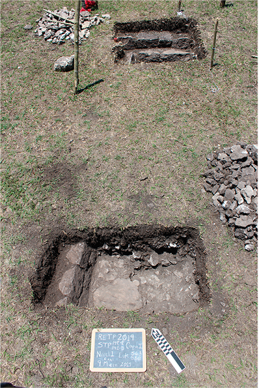STPs 14E-D, 14E-E, and 15E, showing the Ballcourt 1 north wall extension, and the intersecting diagonal wall.