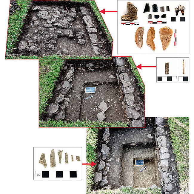 Pozo 6, showing the construction history of the central portion of Plaza F-East and the placement of the Monument 22 stela platform. Selected artifacts include a figurine foot, obsidian blades, a perforated dog tooth and chert percussion blades from Levels 1 and 2; chert artifacts, an effigy stingray spine and a bone needle from Level 4; and animal bone fragments from Level 7, recovered from the earliest construction phase.