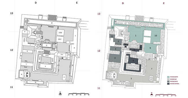 Nakum, planta del conjunto palaciego: a) nomenclatura de edificios y b) categoría de patios.
