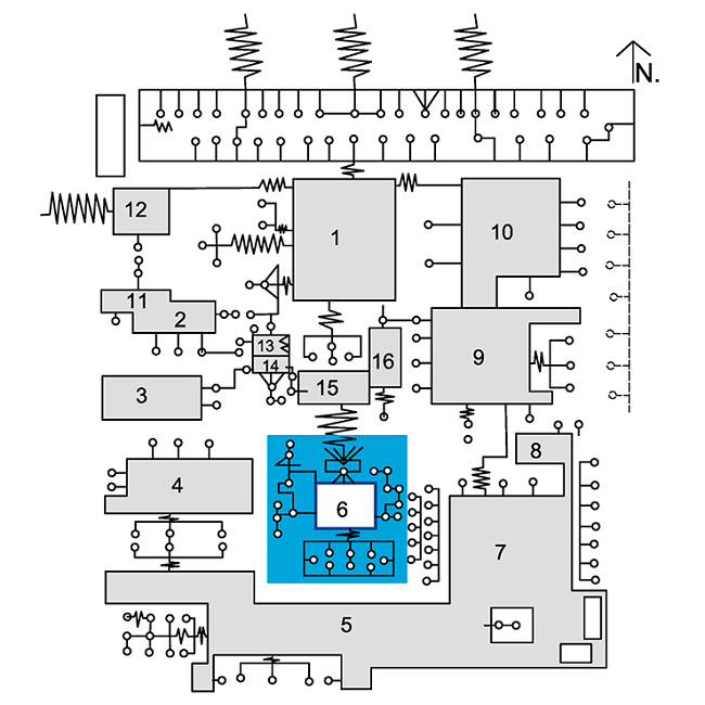 Nakum, diagrama de relaciones internas, se marca en azul el área aislada del Patio
							6.