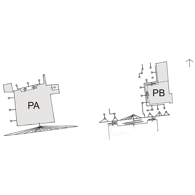 San Clemente, diagrama de relaciones: PA: Patio Alto, PB: Patio Bajo.