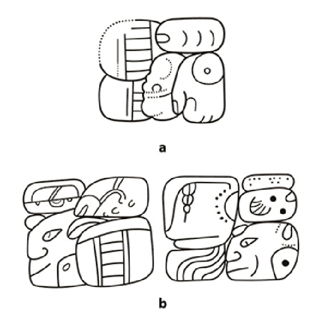 Some variants of the sign under discussion: (a) X-le-?-k'o, Nim Li Punit Stela 15, P2 (after photograph by Bruce Love in Prager and Braswell, 2016: Fig. 8); (b) ˀi-ˀIX-me-X TUN-ni K'UH-lu-ˀIXIK, Akab Dzib Lintel from Chichen Itza, G2 (after rubbings by John Denison, <http://www.famsi.org/reports/95099/AkabTzibLintelFront.pdf>). 