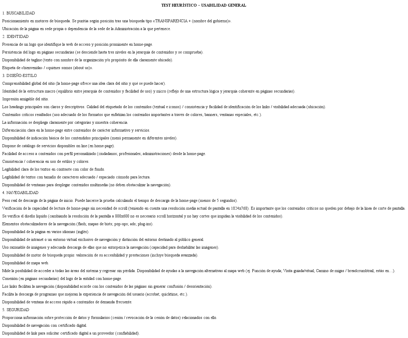 Tabla 1. Contenido del test de usabilidad general