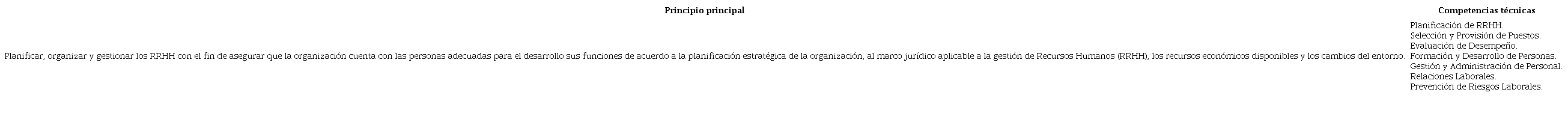 Tabla 2. Principio general y competencias técnicas del área de gestión de personas