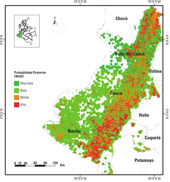 Mapa de &aacute;reas potenciales para el SAQ basado en la probabilidad posterior (peso de la evidencia).