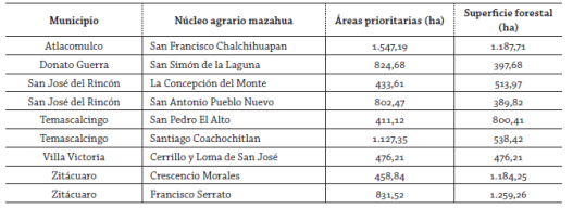 &Aacute;reas prioritarios para la rehabilitaci&oacute;n forestal en n&uacute;cleos agrarios mazahuas con m&aacute;s de 300 ha de superficie forestal.