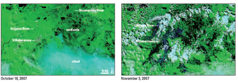 Fotograf&iacute;as satelitales antes y despu&eacute;s de la inundaci&oacute;n de 2007 en Tabasco, M&eacute;xico.