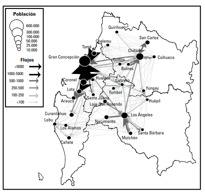 Flujos de movilidad cotidiana en las ciudades de la región de Bío-Bío.