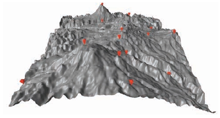 Modelo de elevación del terreno Cordillera Central
de Colombia. Nota: los puntos rojos marcan sitios de interés
geomorfológico