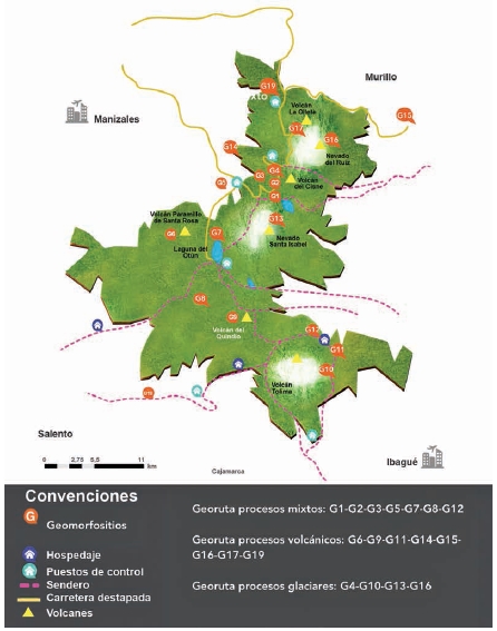 Mapa divulgativo y gráfico de los geomorfositios y las rutas de acceso