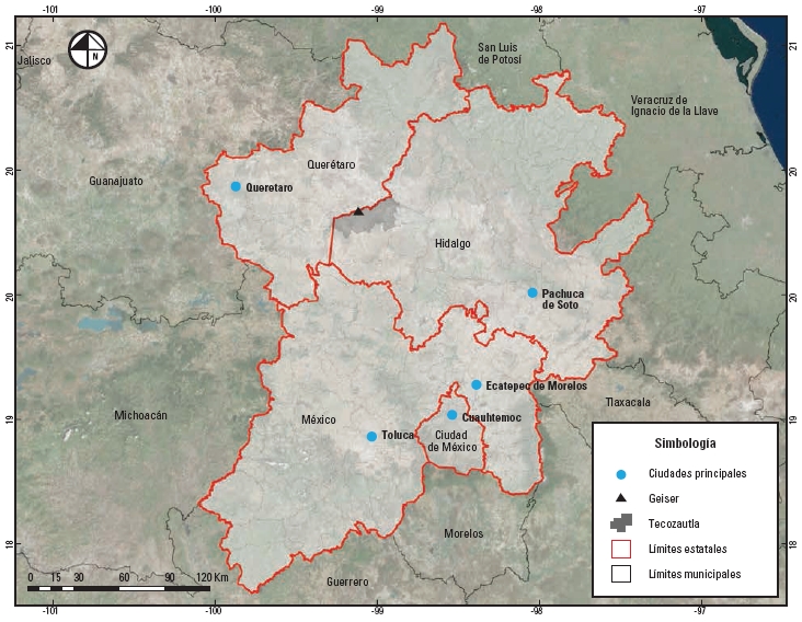 Localizaci&oacute;n del Balneario El G&eacute;iser en la
comunidad de Uxdejhe, Tecozaultla,
Hidalgo