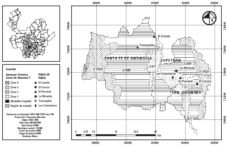 Especialización de la amenaza turística para las
diferentes zonas del occidente cercano antioqueño e interceptación de los
sistemas de producción