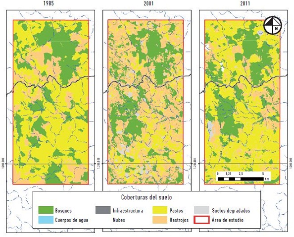 Mapas de coberturas del suelo para 1985, 2001 y 2011.