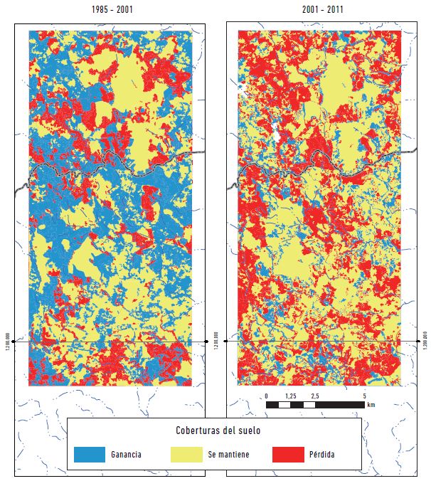 Mapa de pérdidas y ganancias en las transiciones 1985-2001 y 2001-2011.