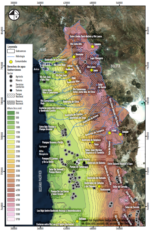 Comunidades indígenas, áreas de conservación de la naturaleza y derechos de aguas subterráneas en las cuencas del desierto de Atacama, norte de Chile.