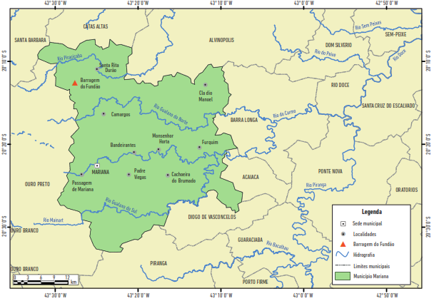 Município de Mariana e rede de drenagem, estado de Minas Gerais.