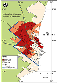 Mar del Plata, autocorrelación espacial bivariada del ICdV 2010 y PHA, LISA significancia.