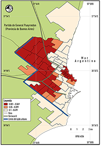 Mar del Plata, autocorrelación
  espacial bivariada del ICdV 2010 y VPUT, LISA significancia.