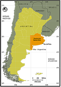 Localización de la ciudad de Mar del Plata, provincia de Buenos Aires, República Argentina.