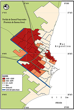 Mar del Plata, autocorrelación
  espacial bivariada de PHA y   VPUT, LISA
  significancia.