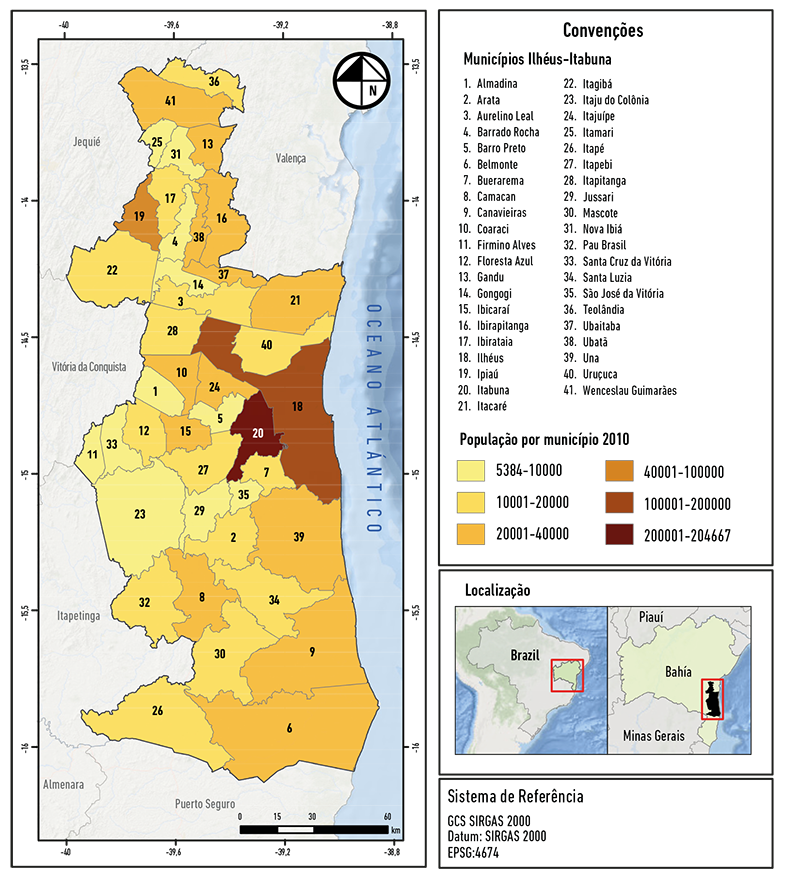 Habitantes por munic&iacute;pio na
  Microrregi&atilde;o Ilh&eacute;us-Itabuna, segundo o censo de 2010 do IBGE.