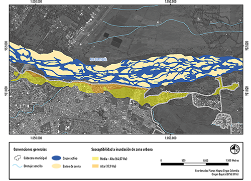 Condici&oacute;n reciente del &aacute;rea de cabecera municipal cubierta
    por susceptibilidad a inundaci&oacute;n.