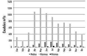 Caudales mensuales Puente Abad&iacute;a, estaci&oacute;n Puente Abad&iacute;a,
    r&iacute;o Guatiqu&iacute;a.