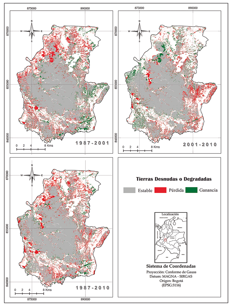 Dinámica
  espaciotemporal de la categoría tierras desnudas o degradadas en La Tatacoa.
