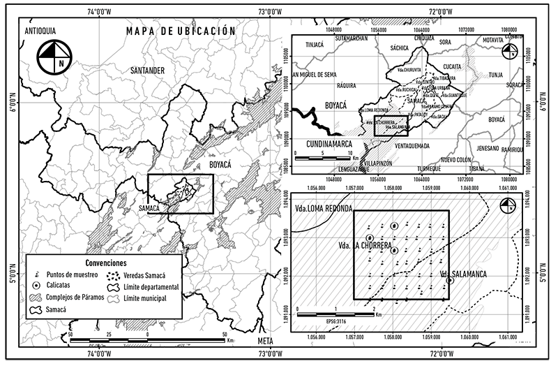 Mapa ubicación geográfica y unidades de muestreo en el área de estudio.
Datos: los límites de departamentos,
municipios y veredas fueron obtenidos de la base de datos del IGAC.