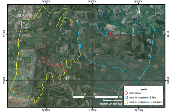 Confinamiento espacial de los corregimientos El Tiple y El Hormiguero, 2017. Datos: Google Earth 2018.