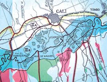 Mapa de &aacute;reas inundables desarrollado por OLAP, G&H y KTAM en 1956.