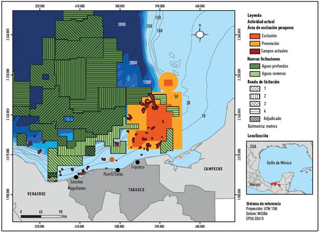 Distribuci&oacute;n de &aacute;reas contractuales enfrente a las costas de Tabasco y Campeche en el Golfo de M&eacute;xico.