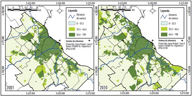 Cobertura de desagües cloacales a red pública en % de hogares por radio censal amba, periodo 2001 y 2010.