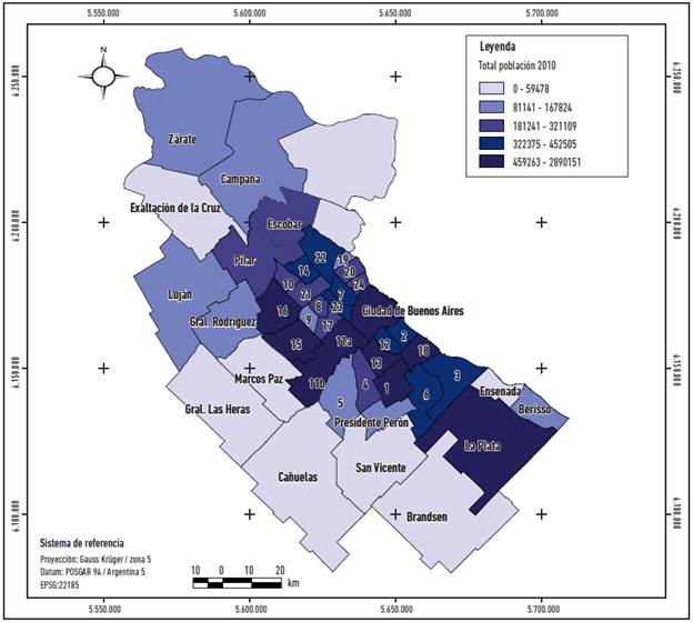 Distribución de la población total (%) del área y la región metropolitana de Buenos Aires por partido, 2010.
