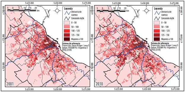 Densidad de poblaci&oacute;n (hab./ha) en AMBA, 2001 y 2010.