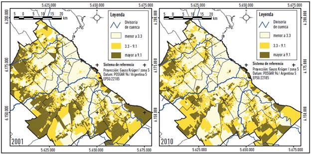 Nivel socioeconómico de los hogares en base a hacinamiento crítico. Área y Región Metropolitana, 2001 y 2010.