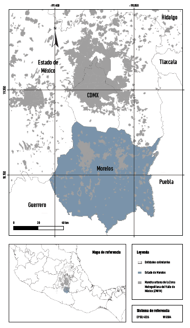 Ubicación del estado de Morelos y su geopolítica respecto a la zona metropolitana del valle de México (ZMVM).