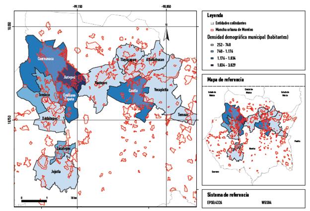Áreas urbanas construidas y la densidad demográfica del estado de Morelos.