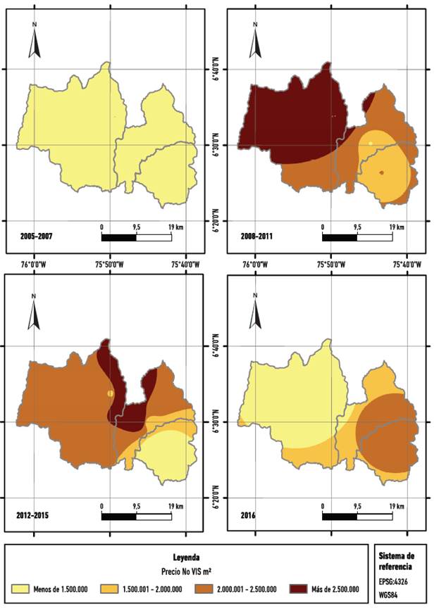 Mapas de isopletas con precios de 2018 para No vis en el Occidente. 