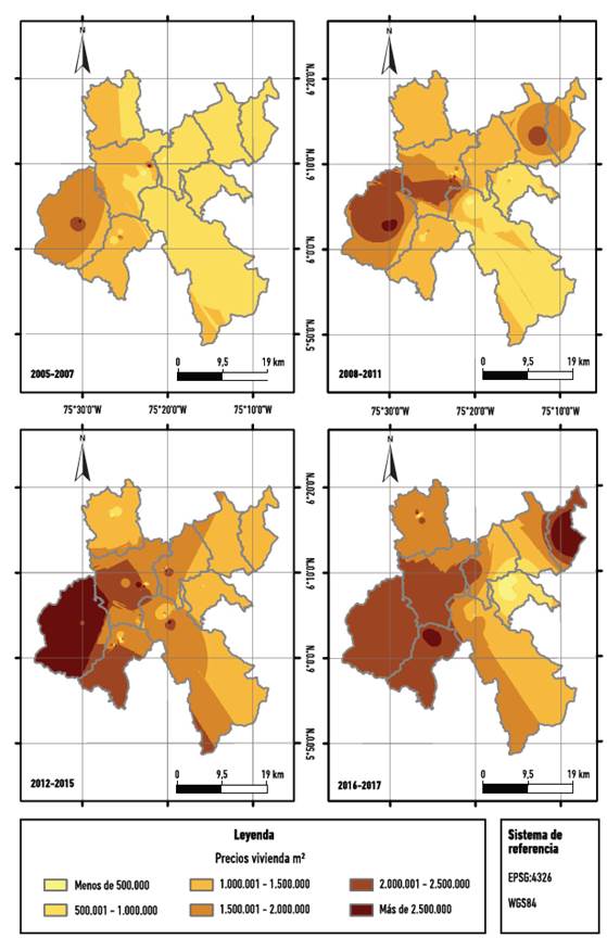 Mapas de isopletas con precios de 2018 para No vis en el Oriente. 