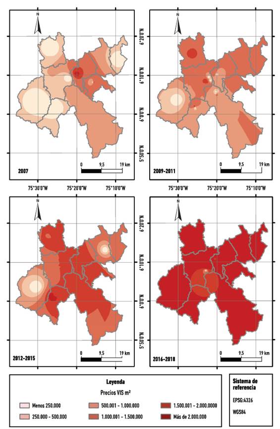 Mapas de isopletas con precios de 2018 para vis en el Oriente. 