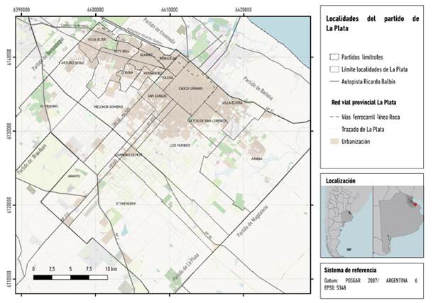 Localidades de La Plata y principales v�as de circulaci�n.