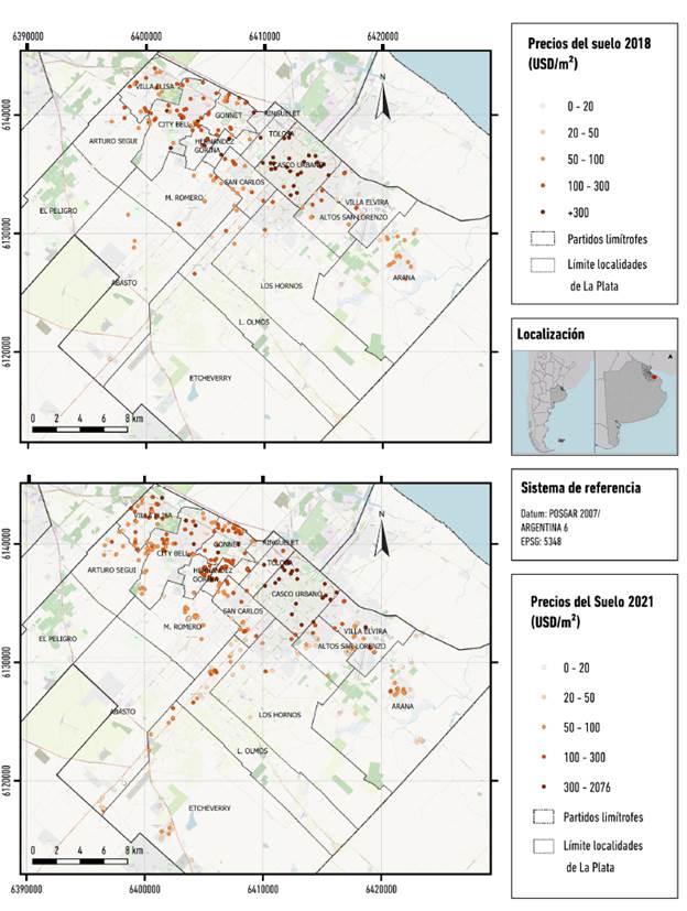 Distribuci�n espacial de los precios del suelo del partido de La Plata (2018-2021).