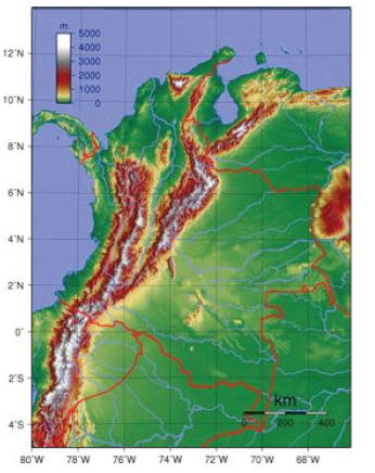 Mapa topogrfico de Colombia. 