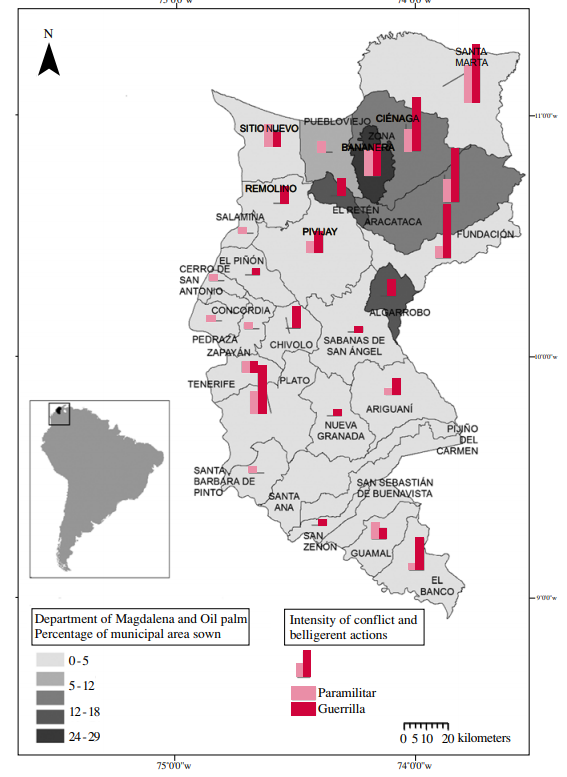 Map of the Department of Magdalena (Colombia): Palm Production Areas and Intensity of Armed Conflict