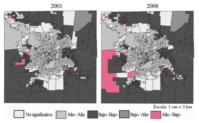Mapas de autocorrelación local, a nivel radio censal. Índice-resumen
			socioeconómico. Ciudad de Córdoba, 2001 y 2008