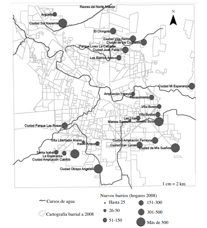 Nuevos barrios construidos en el marco del programa “Mi casa, mi vida” según
			número de hogares. Ciudad de Córdoba, 2008