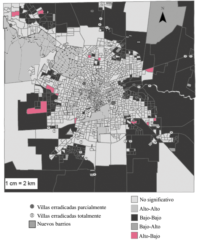 Distribución geográfica de las intervenciones del programa “Mi casa, mi vida”, sobre mapa de autorrelación local entre ISE en 2008 y los rezagos espaciales del 
			mismo indicador en 2001, a nivel de radio censal.
			Ciudad de Córdoba