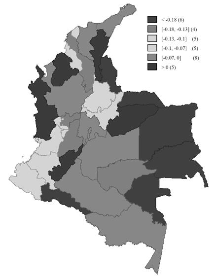 Impactos de choques positivos de tasa de interés del 1% acumulado anual sobre el crecimiento económico, dos años después en departamentos de Colombia